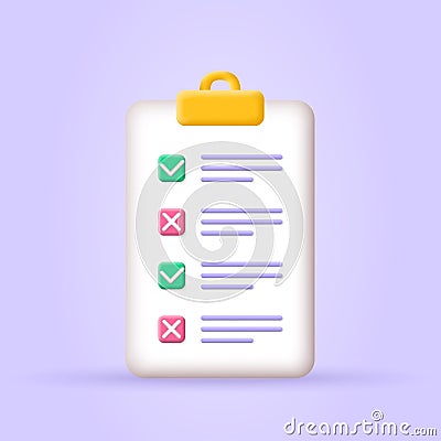 Checklist on clipboard. 3d check list icon. Paper, document with note or task. Test, business survey with check or tick marks. Vector Illustration